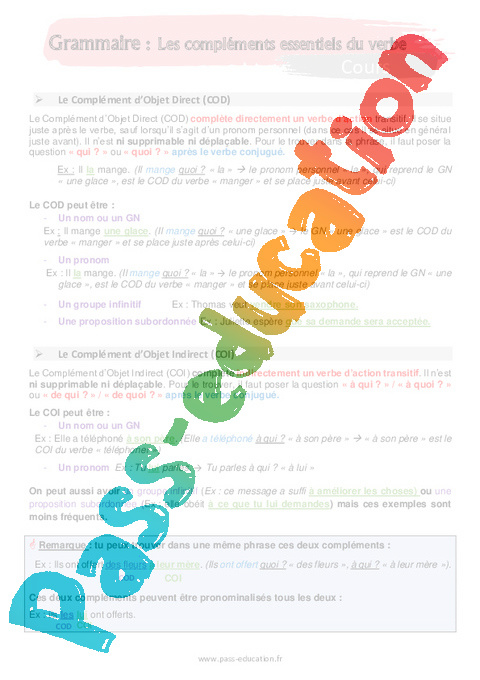 Cours Complément du verbe : 5ème