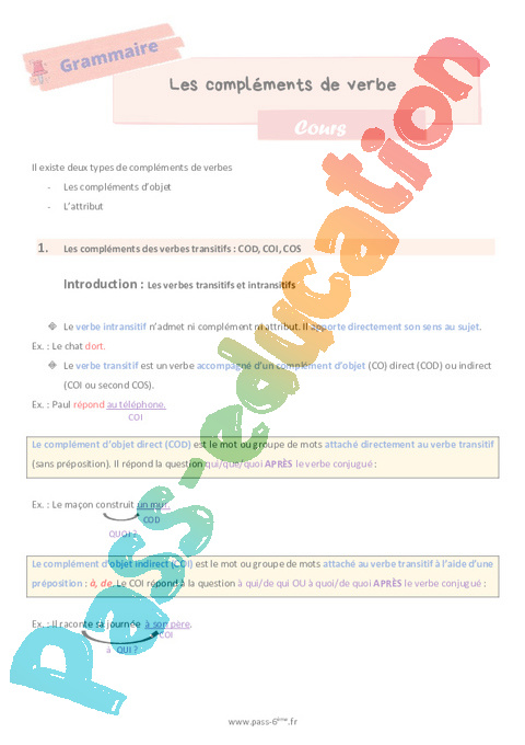 Cours Complément du verbe : 6ème