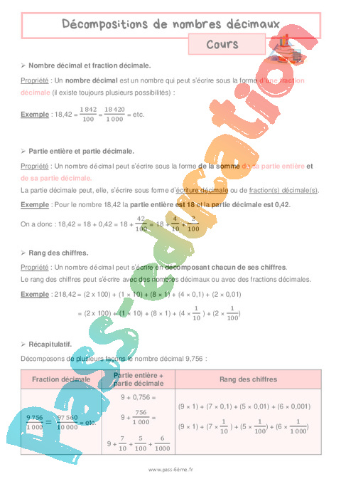 Cours Décomposer des nombres décimaux : 6ème