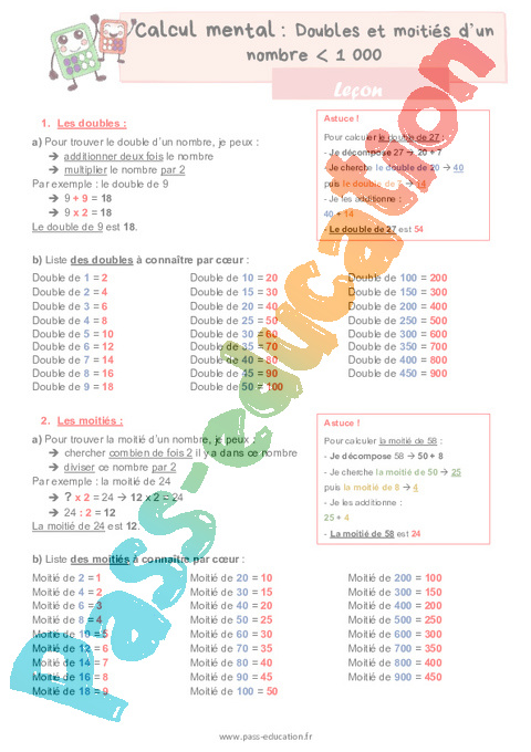 Leçon Doubles et moitiés : CM1