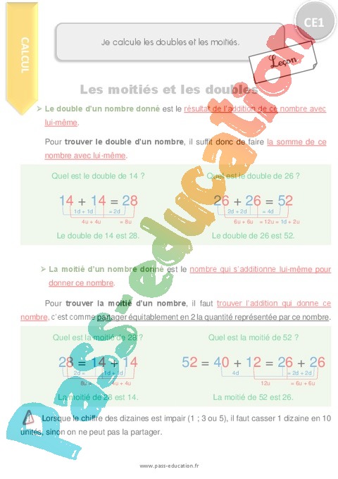 Doubles Et Moitiés Ce1 Leçon – FICHIER DE LECONS DE MATHS CE1 – BAEH
