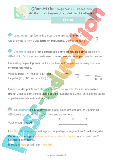Leçon Droites et demi-droites - Points, droites et segments - Géométrie - Mathématiques : CE1
