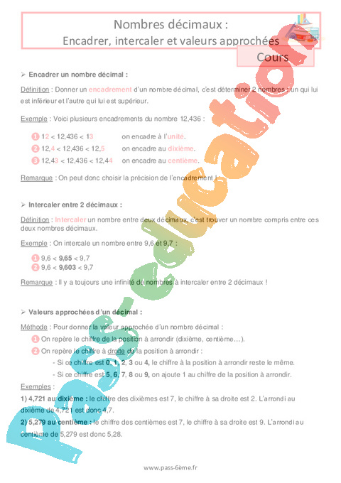 Cours Encadrer, intercaler, valeurs approchées : 6ème