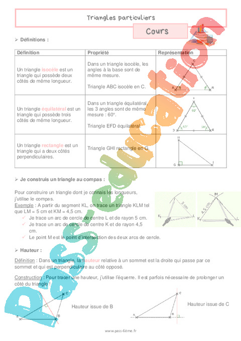 Cours Identifier les triangles : 6ème