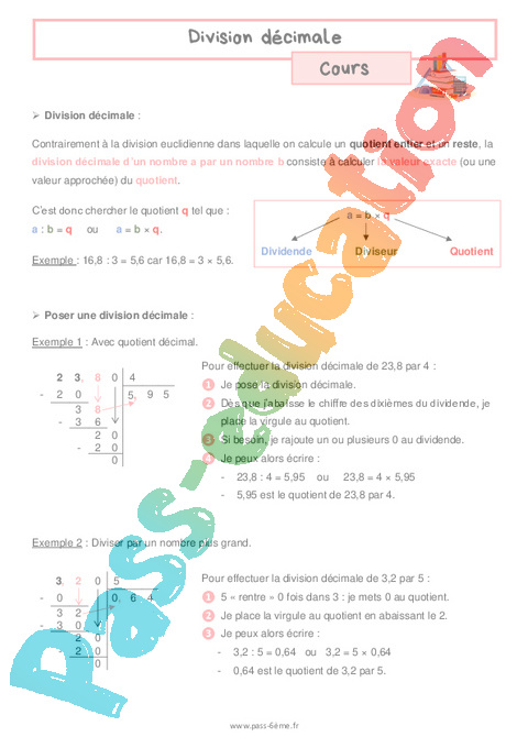 Cours Opérations nombres décimaux : 6ème