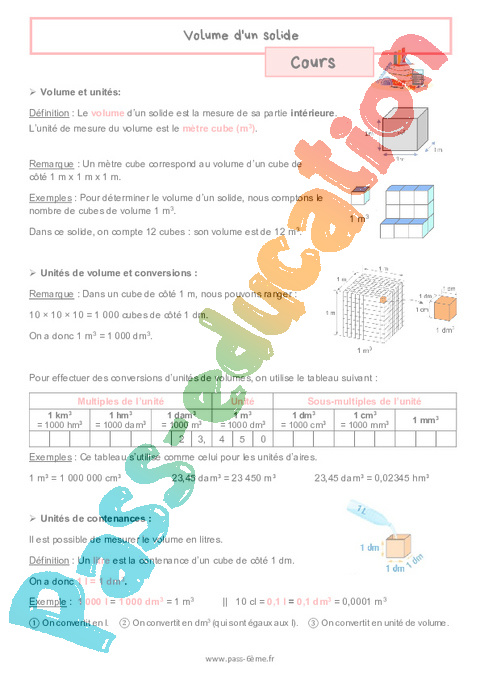 Cours Volume d'un solide : 6ème