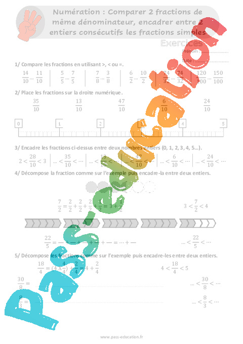 Leçon, exercice et évaluation :<br/> Comparer / ranger / encadrer des fractions : CM1