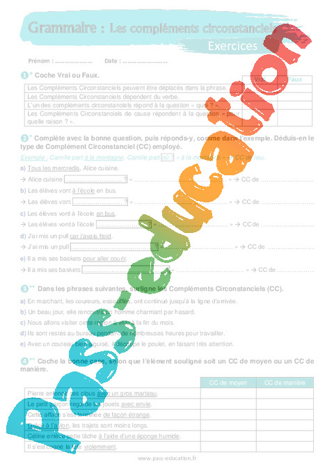 Cours et exercice : Complément de phrase / complément circonstanciel : 5ème