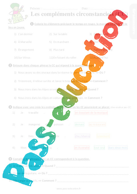 Leçon, exercice et évaluation :<br/> Complément de phrase / complément circonstanciel : CE2