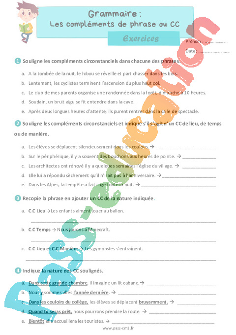 Leçon, exercice et évaluation :<br/> Complément de phrase : CM1