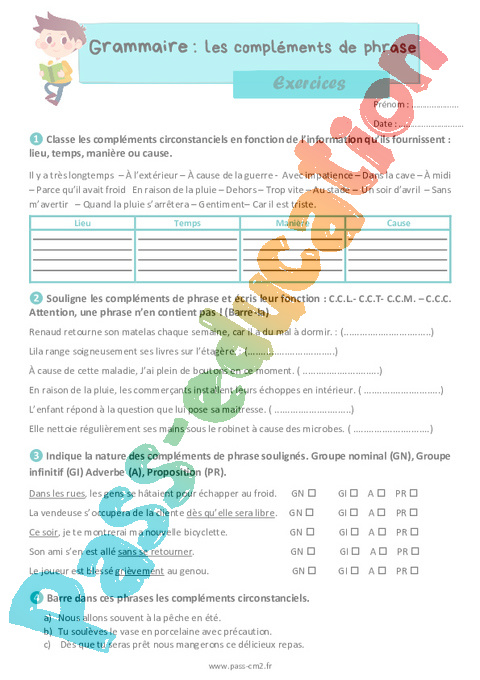 Leçon, exercice et évaluation :<br/> Complément de phrase : CM2