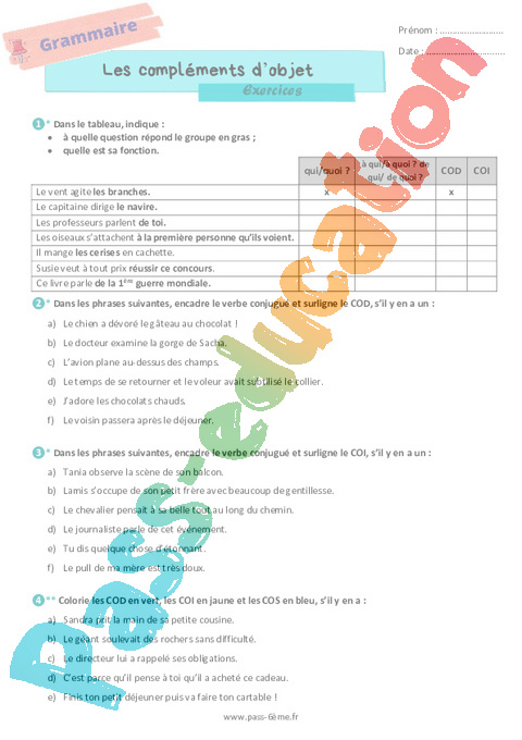 Cours et exercice : Complément du verbe: COD, COI, COS : 6ème