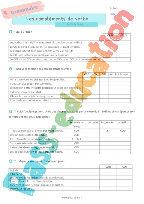 Cours et exercice : Complément du verbe : 6ème