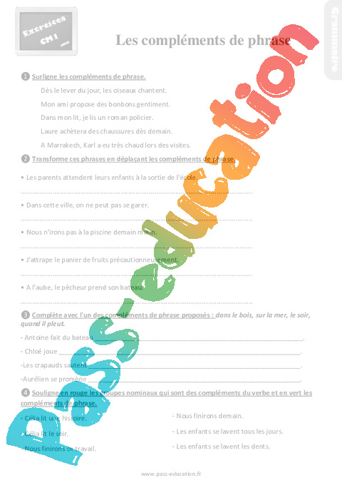 Leçon, exercice et évaluation :<br/> Complément du verbe : CM1