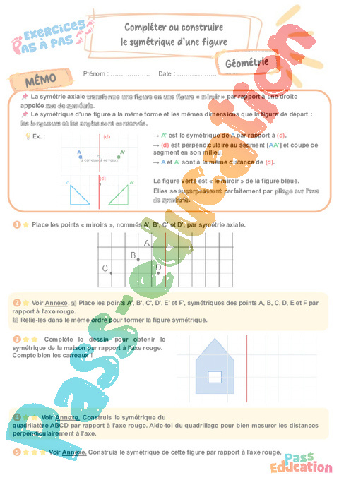Leçon, exercice et évaluation :<br/> Compléter ou construire le symétrique d'une figure : CM2