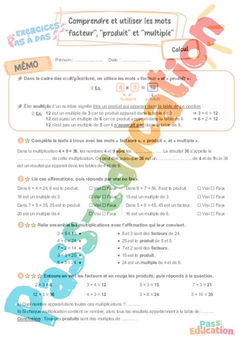 Leçon, exercice et évaluation :<br/> Comprendre et utiliser les mots facteur, produit et multiple : CE2