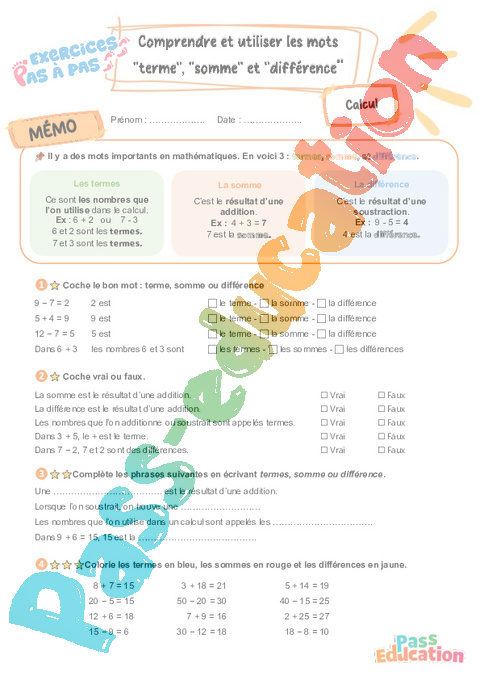 Leçon, exercice et évaluation :<br/> Comprendre et utiliser les mots “terme”, “somme” et “différence” : CE2