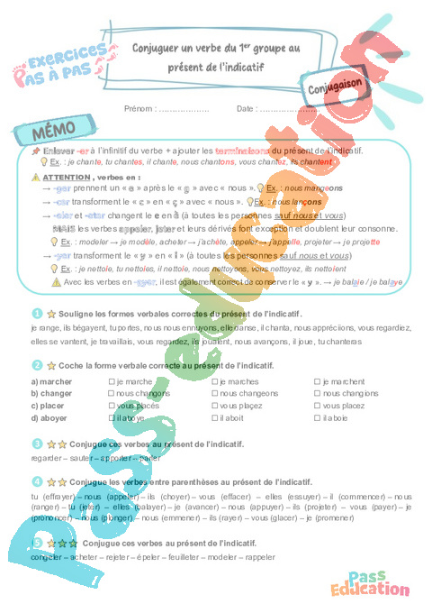 Leçon, exercice et évaluation :<br/> Conjuguer un verbe du 1er groupe au présent de l’indicatif : CM2