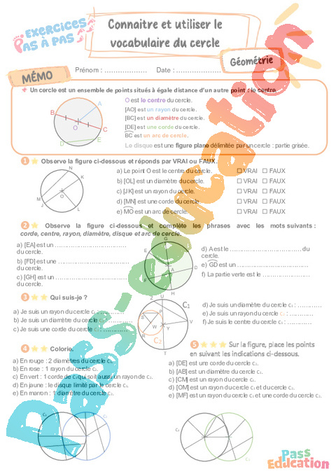 Leçon, exercice et évaluation :<br/> Connaitre et utiliser le vocabulaire du cercle : CM2