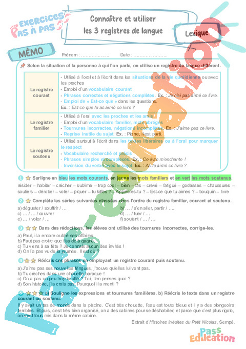 Cours et exercice : Connaître et utiliser les 3 registres de langue : 6ème