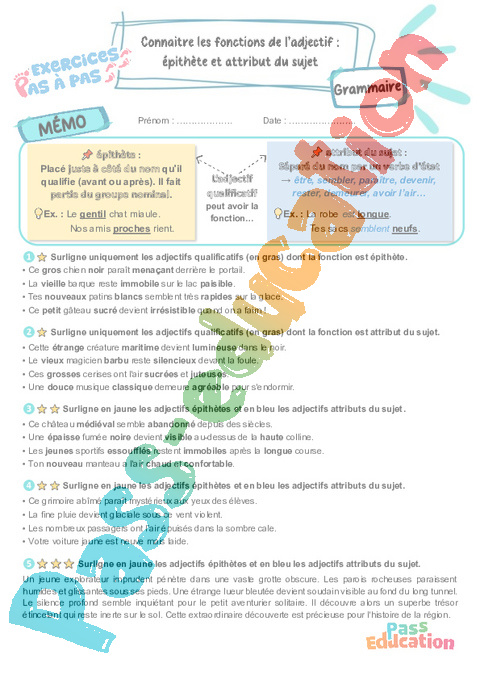 Leçon, exercice et évaluation :<br/> Connaitre les fonctions de l’adjectif : épithète et attribut du sujet : CM2