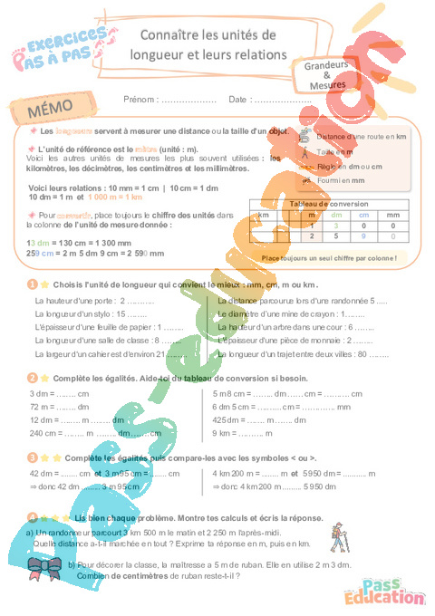 Leçon, exercice et évaluation :<br/> Connaître les unités de longueur et leurs relations : CE2