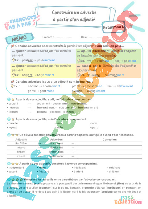 Leçon, exercice et évaluation :<br/> Construire un adverbe à partir d’un adjectif : CM2