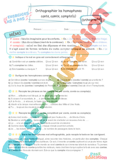 Leçon, exercice et évaluation :<br/> Conte, comte, compte(s) : orthographier : CM2