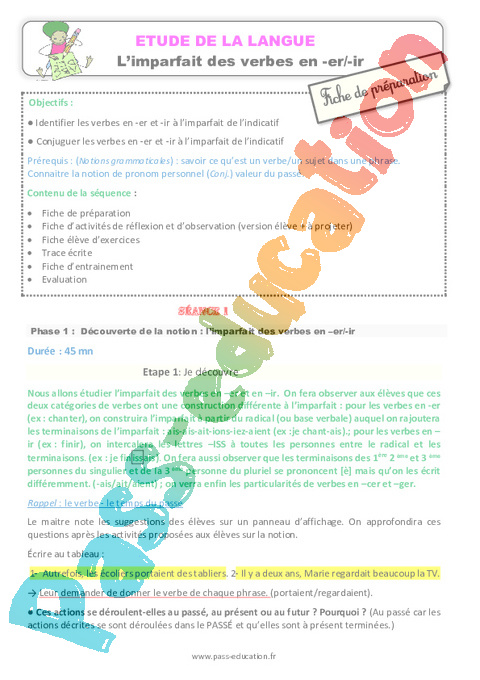 1er groupe - Imparfait de l'indicatif - Conjugaison - Français - Cycle 3 - Séquences didactiques CRPE 2025