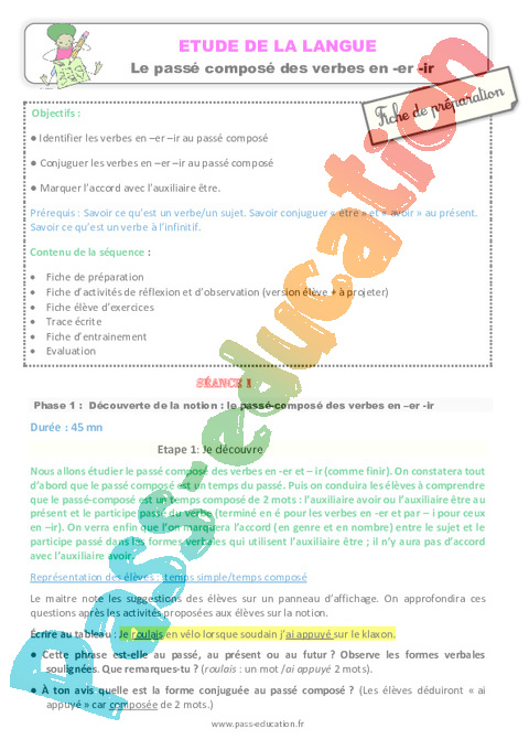 1er groupe - Passé composé - Conjugaison - Français - Cycle 3 - Séquences didactiques CRPE 2025