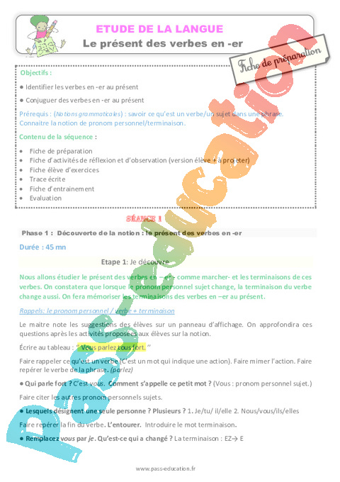 1er groupe - Présent de l'indicatif - Conjugaison - Français - Cycle 2 - Séquences didactiques CRPE 2025