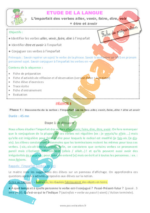 3e groupe - Imparfait de l'indicatif - Conjugaison - Français - Cycle 2 - Séquences didactiques CRPE 2025