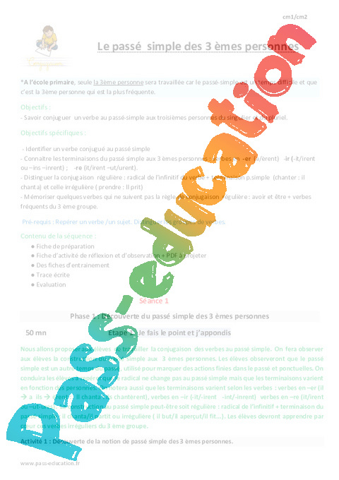 3e groupe - Passé simple - Conjugaison - Français - Cycle 3 - Séquences didactiques CRPE 2025