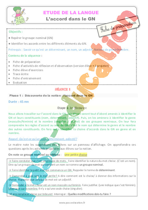 Accord dans le groupe nominal - Orthographe - Français - Cycle 2 - Séquences didactiques CRPE 2025