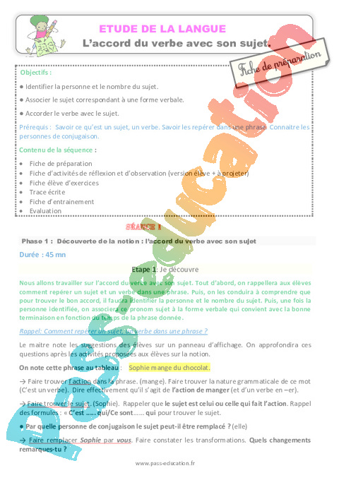 Accord sujet verbe - Orthographe - Français - Cycle 3 - Séquences didactiques CRPE 2025