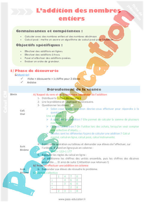 Addition - Calculs - Mathématiques - Cycle 3 - Séquences didactiques CRPE 2025