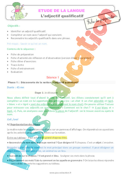 Adjectif Qualificatif - Grammaire - Français - Cycle 2 - Séquences didactiques CRPE 2025