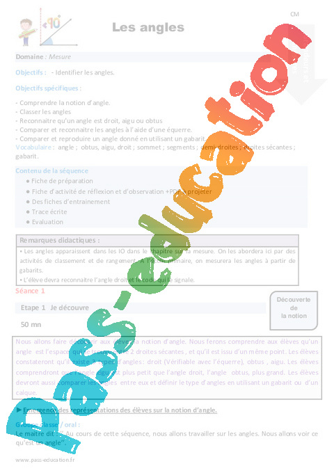 Angles - Grandeurs et Mesures - Mathématiques - Cycle 3 - Séquences didactiques CRPE 2025