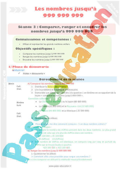 Comparer / ranger - Nombres entiers < 1 000 000 000 - Numération - Mathématiques - Cycle 3 - Séquences didactiques CRPE 2025