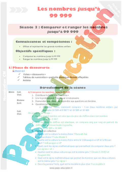 Comparer / ranger - Nombres entiers < 100 000 - Numération - Mathématiques - Cycle 3 - Séquences didactiques CRPE 2025