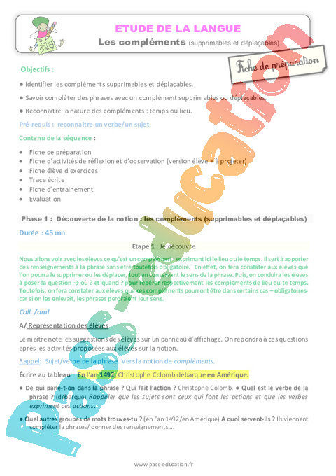 Complément de phrase / complément circonstanciel - Grammaire - Français - Cycle 2 - Séquences didactiques CRPE 2025