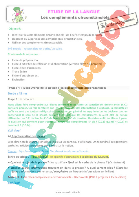 Complément de phrase / complément circonstanciel - Grammaire - Français - Cycle 3 - Séquences didactiques CRPE 2025