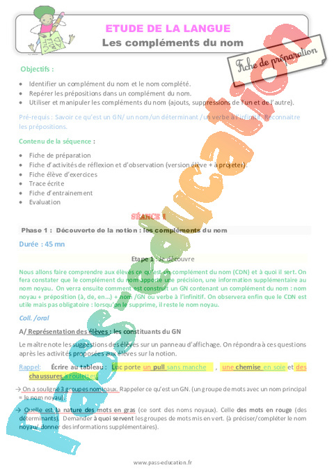 Complément du nom - Grammaire - Français - Cycle 3 - Séquences didactiques CRPE 2025