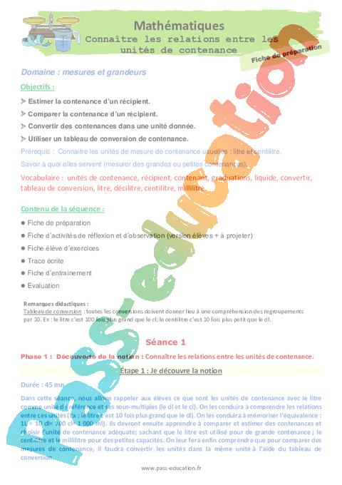Contenance, capacité litre - Grandeurs et Mesures - Mathématiques - Cycle 3 - Séquences didactiques CRPE 2025