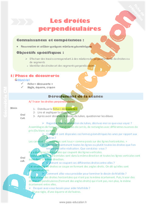 Droites perpendiculaires - Géométrie - Mathématiques - Cycle 3 - Séquences didactiques CRPE 2025