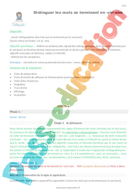 Écrire le son [war] - Orthographe - Français - Cycle 3 - Séquences didactiques CRPE 2025