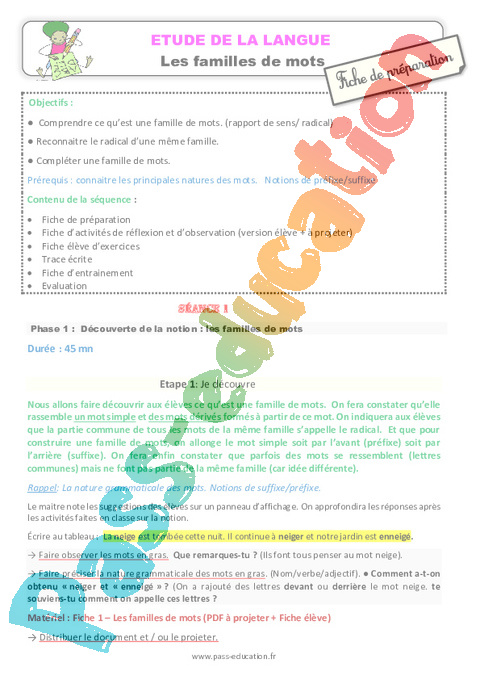 Familles de mots - Vocabulaire / Lexique - Français - Cycle 3 - Séquences didactiques CRPE 2025