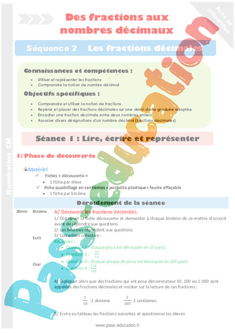 Fractions décimales - Fractions - Numération - Mathématiques - Cycle 3 - Séquences didactiques CRPE 2025