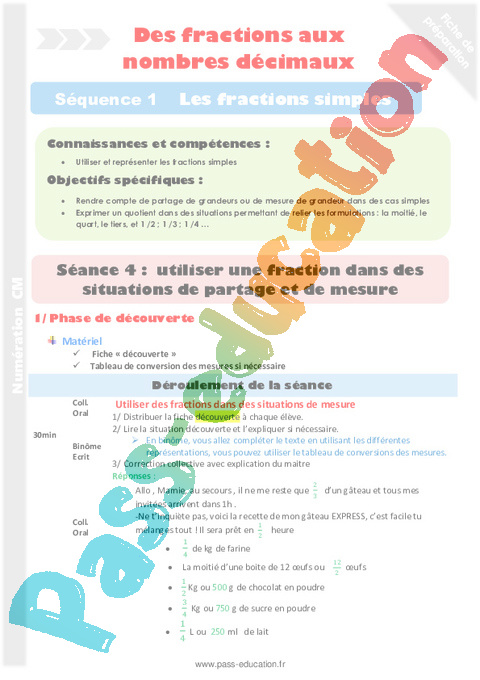 Fractions et mesures - Fractions - Numération - Mathématiques - Cycle 3 - Séquences didactiques CRPE 2025