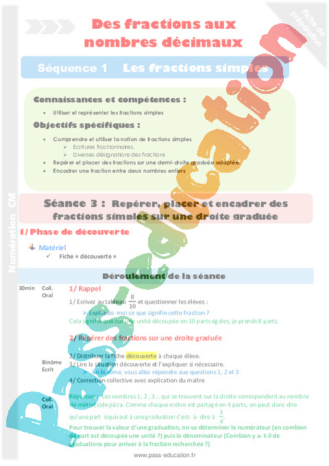 Fractions simples et décimales et droite graduée - Fractions - Numération - Mathématiques - Cycle 3 - Séquences didactiques CRPE 2025